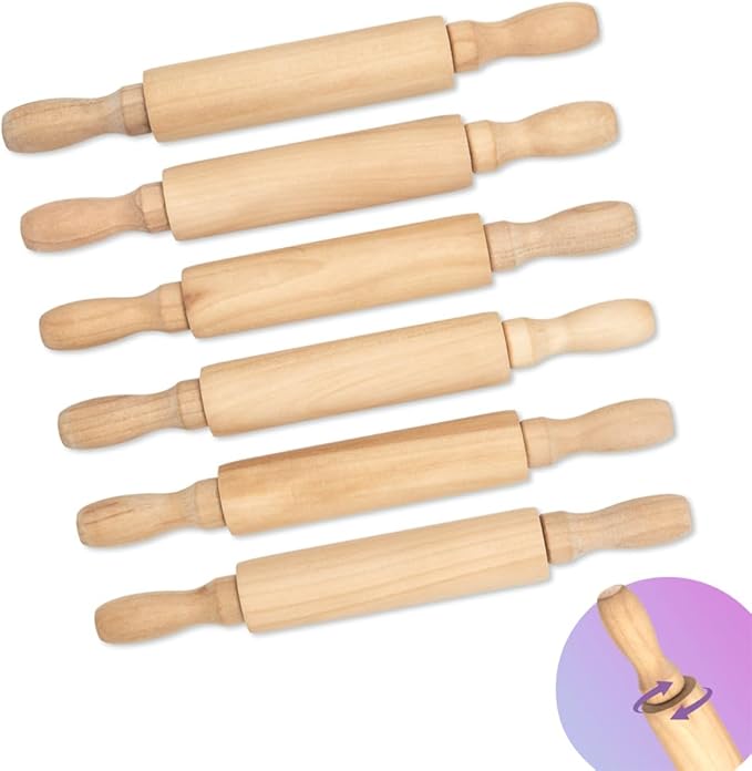 8-Inch Premium Kids Mini Rolling Pins (6-Pack) Splinter-Free, Non-Stick Hardwood for Baking, Sensory Crafts, Play-Doh, Clay, Therapeutic Fine Motor Skills for Toddlers, Great Gift for Children