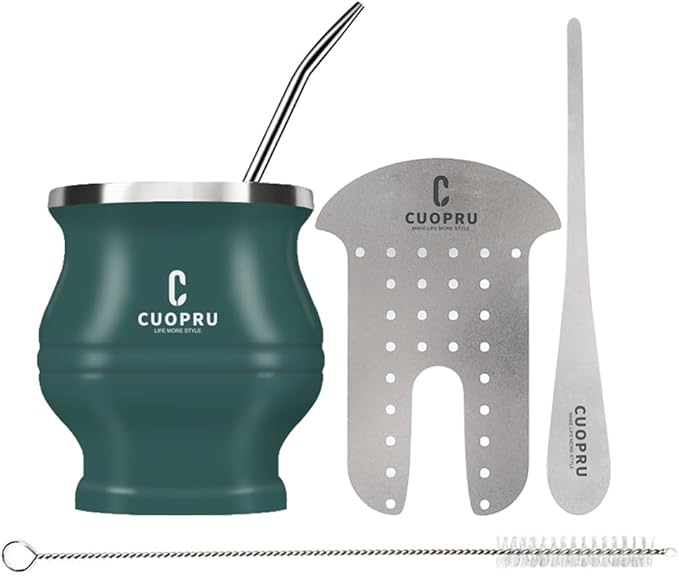 Stainless Steel Yerba Mate Cup and Set - 6.7 oz, Army Green, Modern Design
