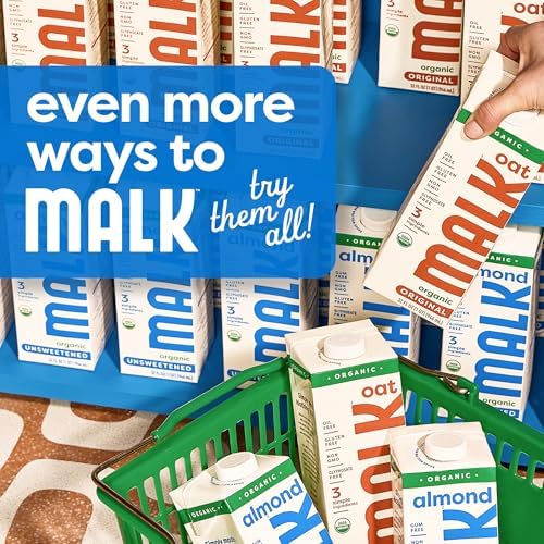 MALK Almond Milk Unsweetened (32oz, Pack of 6) - Shelf Stable Organic Almond Milk, Non GMO, Whole 30, Dairy Free, Vegan, Plant Based, No Gums or Fillers - Malk for Smoothies, Cereal, Coffee,Creamer
