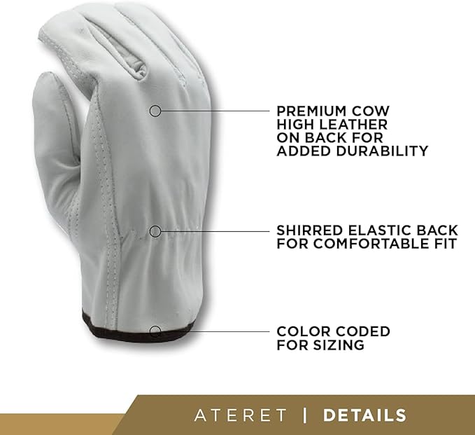 ATERET 12 Pairs X-Large Heavy Duty Durable Cowhide Leather Work Gloves I Driver Gloves for Truck Driving, Warehouse, Gardening, Farming