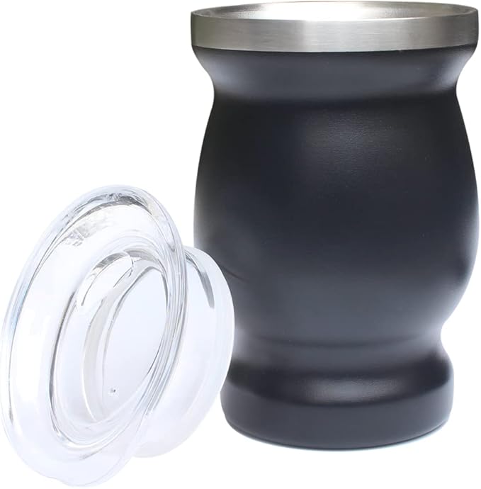 Beruth Bombilla Yerba Mate Gourd, 8oz Stainless Steel Tea Cup Set with a Multifunctional Lid, Two Straws and Cleaning Brushes, Double Walled Coffee Mug Heat Insulation Anti Scalding BR2302 (Black)