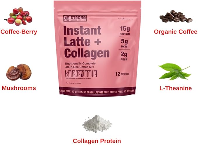 STRONG COFFEE COMPANY Instant Snickerdoodle Latte - 15g Protein, Instant Protein Coffee with Collagen, Adaptogens & Nootropics, No Crash, No Jitters, 12 Servings Bag