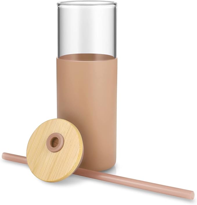 Tronco 24 oz Glass Tumbler with Straw and Lid - Glass Cup with Lid and Straw, Smoothie Cup, Iced Coffee Cup - Bamboo Lid and Protective Silicone Sleeve - BPA-Free