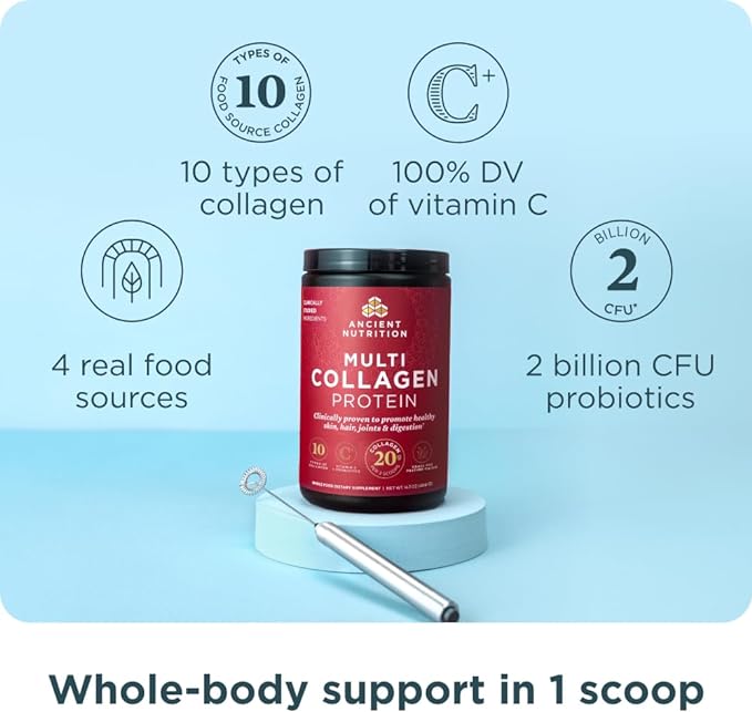 Ancient Nutrition Collagen Peptides Powder, Multi Collagen Protein, Women & Men, Vitamin C, Probiotics, Hydrolyzed Collagen, Supports Skin, Joints, Gut Health, Unflavored, 60 Servings