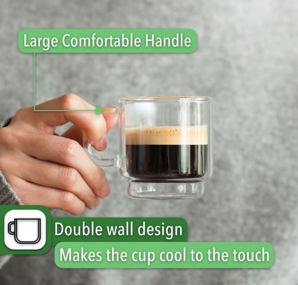 BTaT - Stackable Espresso & Demitasse Glass Coffee Cups, Set of 6 (2.0 oz, 60 ml), Double Wall, Clear
