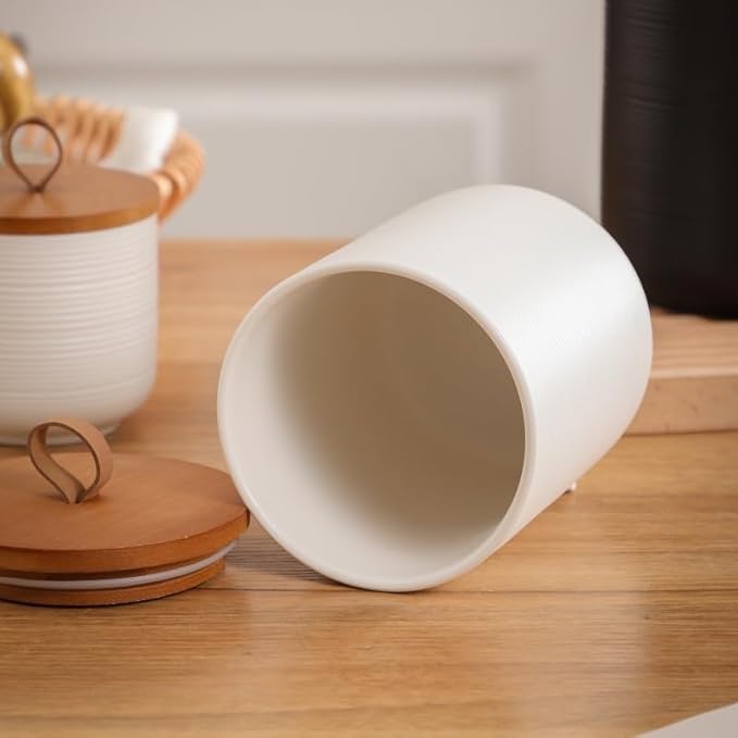 Food Storage Jar Strong Ceramic Storage Canisters with Airtight Wooden Lid,Kitchen Storage Containers for Serving Coffee Beans, Tea, Sugar, Salt, Spices (Medium white)
