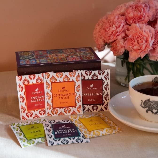 Octavius Assorted Tea Gift Set | 6 Assorted Black & Green Teas | 30 Teabags | Wooden Tea Sampler Pack w/Tile Motif Design | Pack of 2 | Mothers Day Tea Gift Box