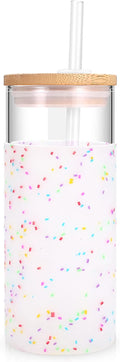 Tronco 20 oz Glass Tumbler Glass Water Bottle Straw Silicone Protective Sleeve Bamboo Lid - BPA Free (Colorful spots/ 1pack)
