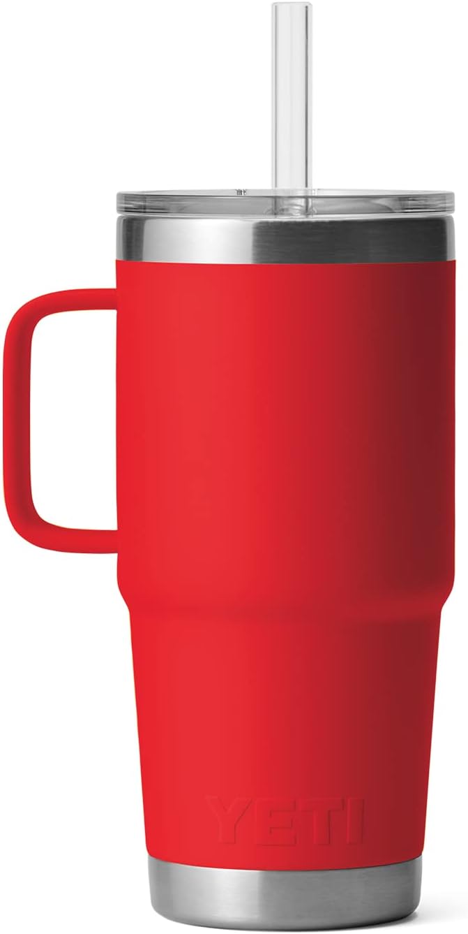 YETI Rambler 25 oz Tumbler with Handle and Straw Lid, Travel Mug Water Tumbler, Vacuum Insulated Cup with Handle, Stainless Steel, Rescue Red
