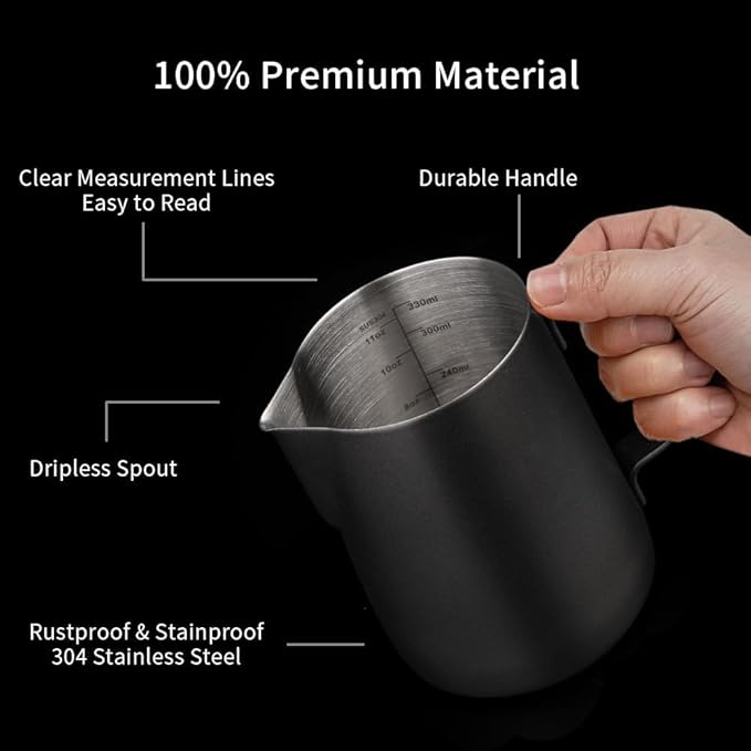watchget Milk Frothing Pitcher 350ml/600ml/900ml/1500ml (12oz/20oz/32oz/52oz) - Stainless Steel Espresso Steaming Pitcher for Cappuccino, Latte Art, Milk Jug Coffee Frother Cup, Black