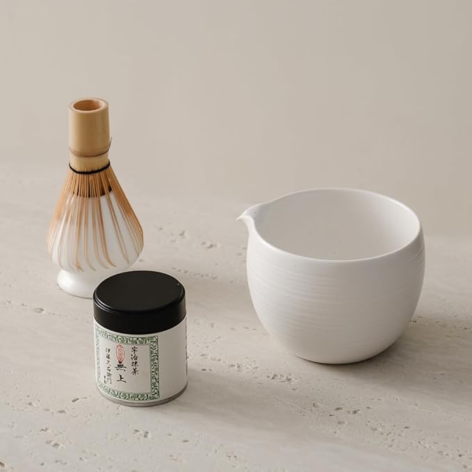 WENSHUO Matcha Whisk Set, Ceramic Matcha Bowl & Whisk Holder, Bamboo Accessory, Modern Design (Matte White, Pouring Spout)