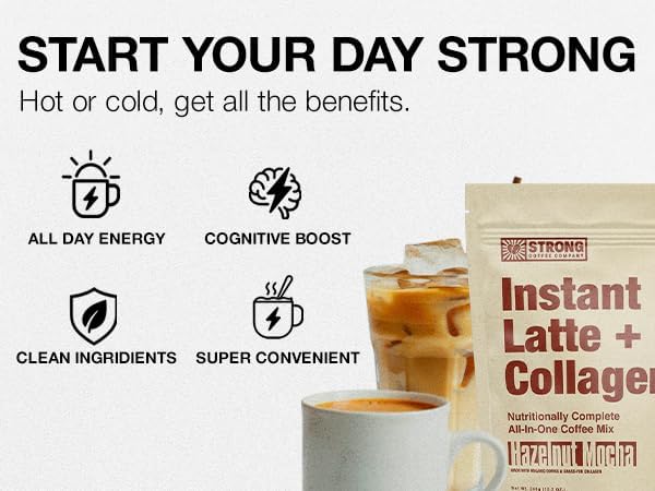 STRONG COFFEE COMPANY Instant Hazelnut Latte - 15g Protein, Instant Protein Coffee with Collagen, Adaptogens & Nootropics, No Crash, No Jitters, 12 Servings Bag