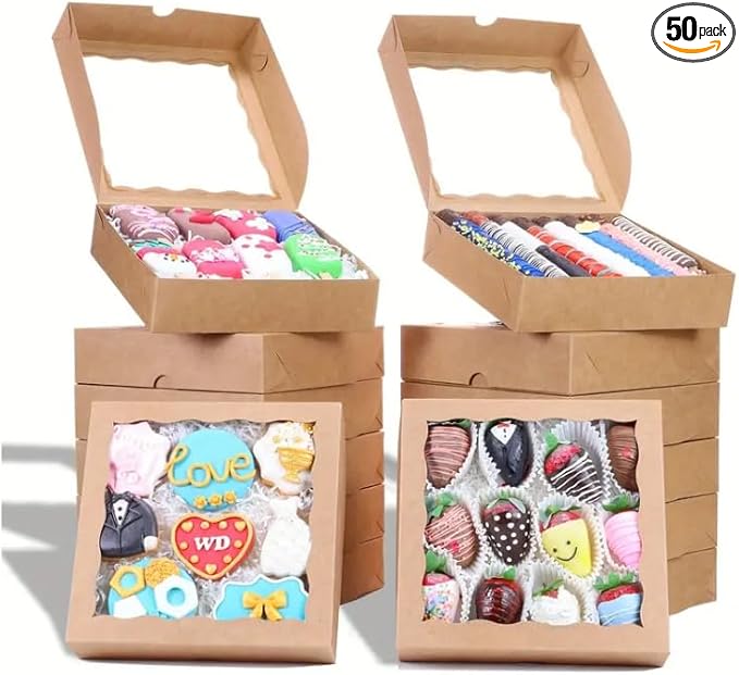 50pcs 8x8x2 Inches Brown Bakery Boxes with Window - Perfect for Cookies, Chocolate Covered Strawberries, Cakesicles & More