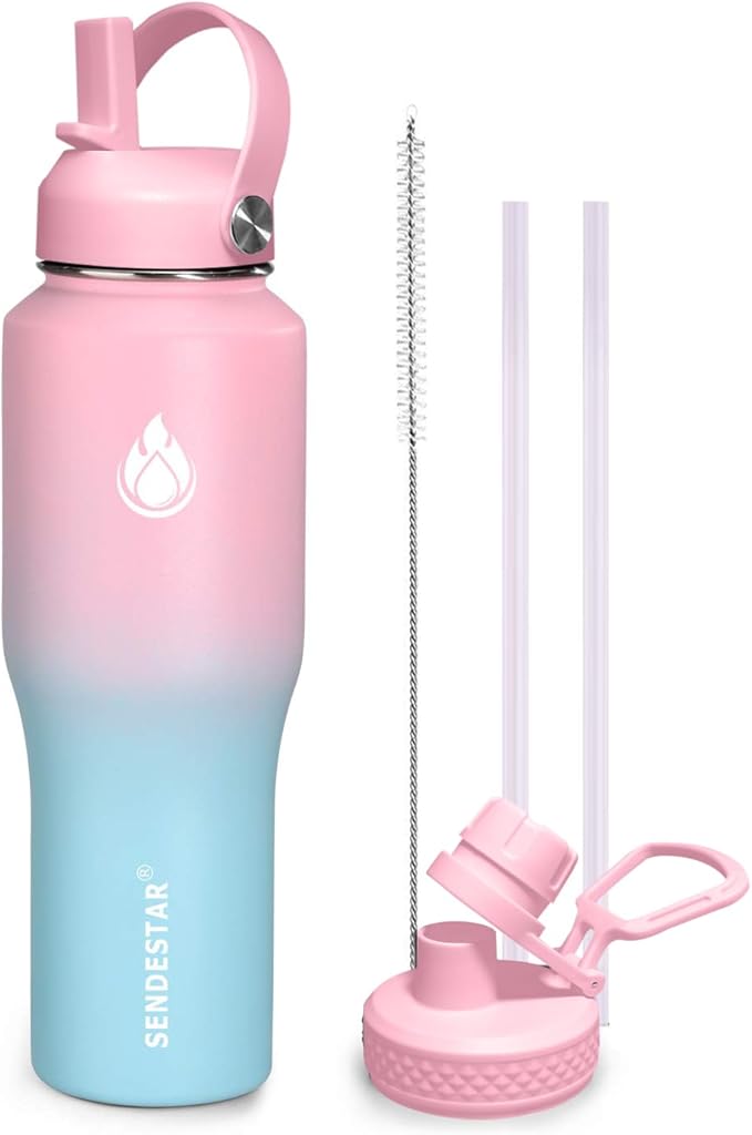 SENDESTAR 32oz Water Bottle Wide Mouth Stainless Steel Vacuum Insulated Double Wall with 2 Straw Lids Fit in Any Car Cup Holder TXIN-32-PB-1