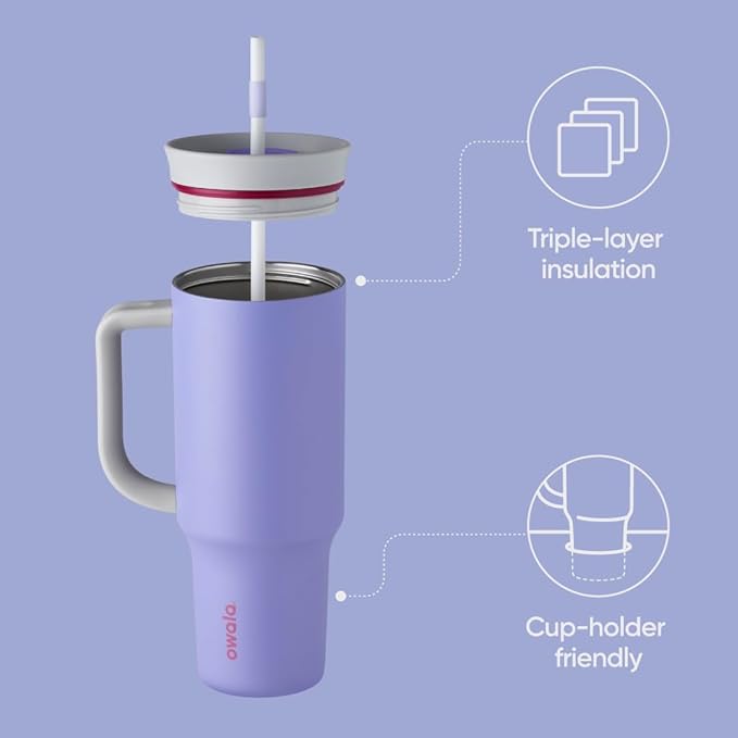Owala Stainless Steel Triple Layer Insulated Travel Tumbler with Spill Resistant Lid, Straw, and Carry Handle, BPA Free, 40 oz, Light Purple (Whimsical Daydream) (Pack of 6)
