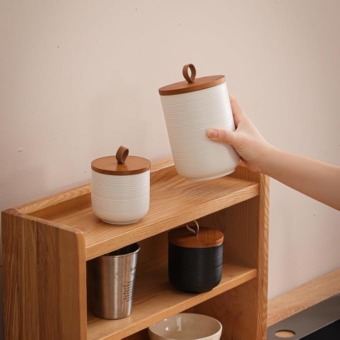 Food Storage Jar Strong Ceramic Storage Canisters with Airtight Wooden Lid,Kitchen Storage Containers for Serving Coffee Beans, Tea, Sugar, Salt, Spices (Medium white)