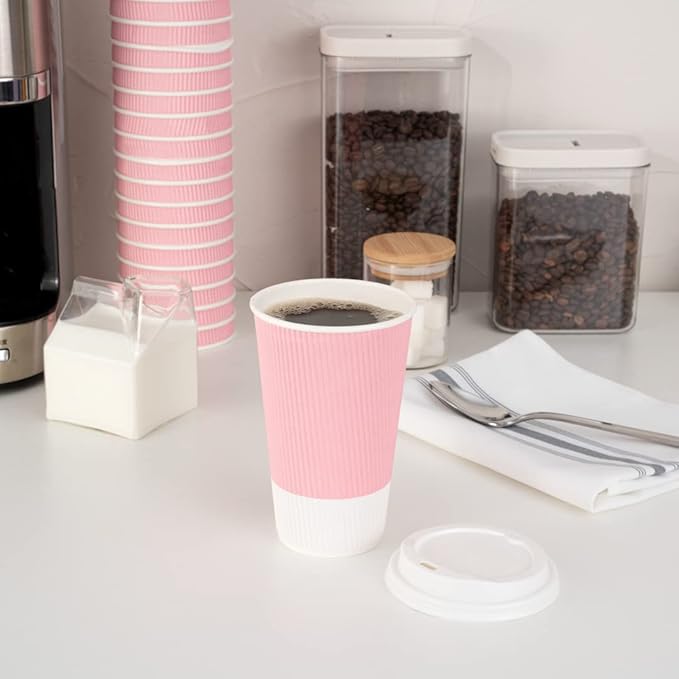 Restaurantware 16 Ounce Ripple Wall Disposable Coffee Cups, 500 Insulated Light Pink Paper Tumblerss for Hot Drinks like Tea and More, Rolled Rim Design, Lids Sold Separately