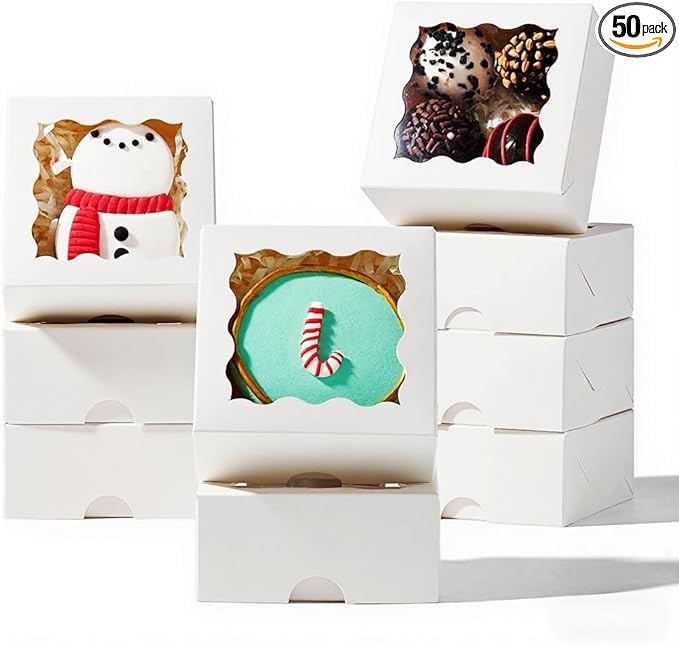 SLShePack 3.2x3.2x1.5 Inches 50PCS Mini Bakery Boxes with Window for Cookies, Soap, Chocolate Truffle, Donut, Macaron(White)
