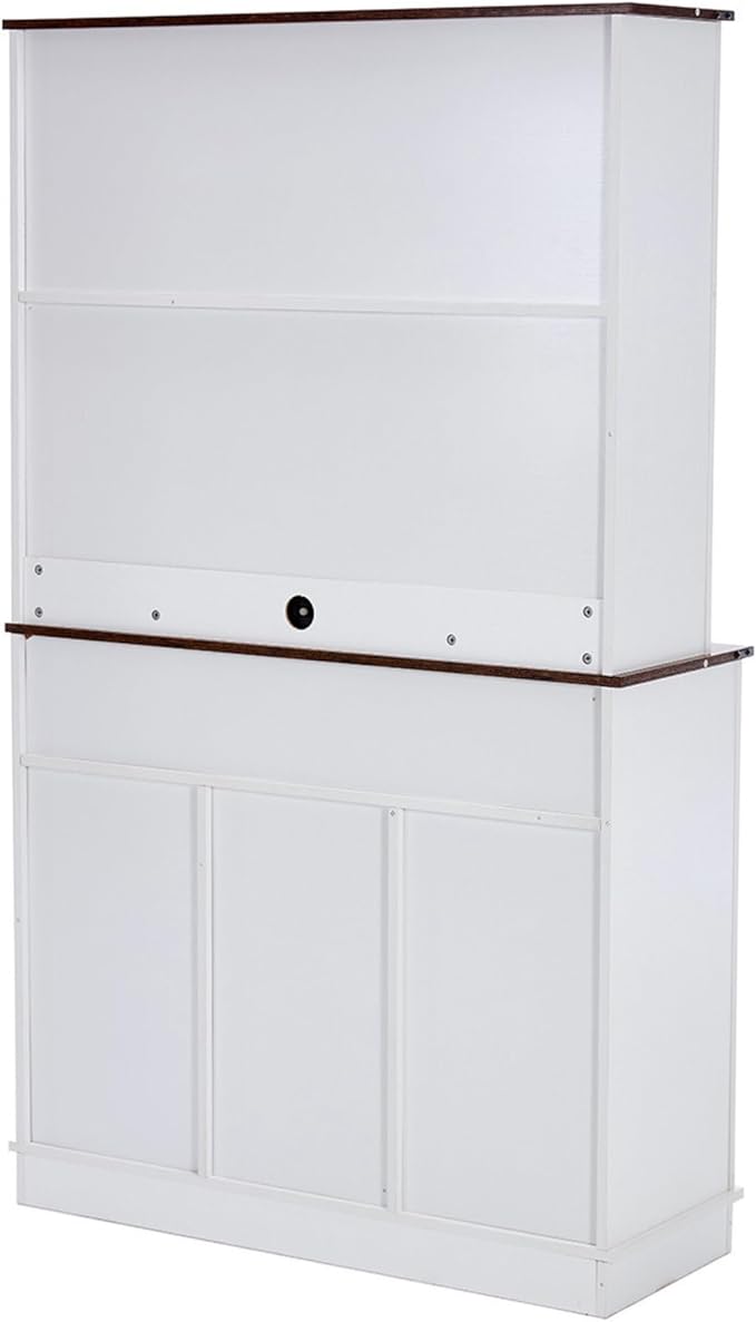 Coffee Bar Cabinet with Sliding Barn Doors 71'' Farmhouse White Pantry Cabinet with Drawers & Wine Glass Rack Rustic Buffet Cabinet for Kitchen, Brown
