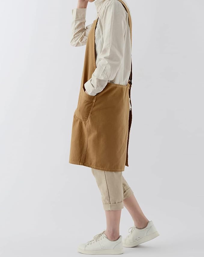 Soft Cotton Linen Apron for Women - Non-tie Cross Back Apron with Pockets, Great for Florist and Kitchen