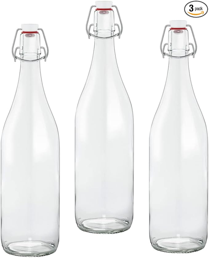 Le Parfait Pitchers | 32oz (Pack of 3) 1 Liter Glass Swing Top Milk Pitcher with Printed Logo & Airtight Swing Stopper | Glass Pitcher for Drinks, Smoothie, Preserving Juices & Salad Dressing