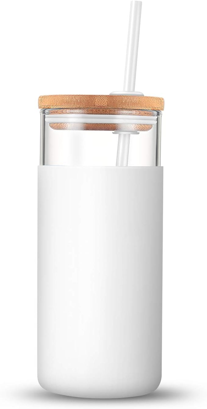 Tronco 20 oz Glass Tumbler Glass Water Bottle Straw Silicone Protective Sleeve Bamboo Lid - BPA Free - White Amber/ 2 Pack