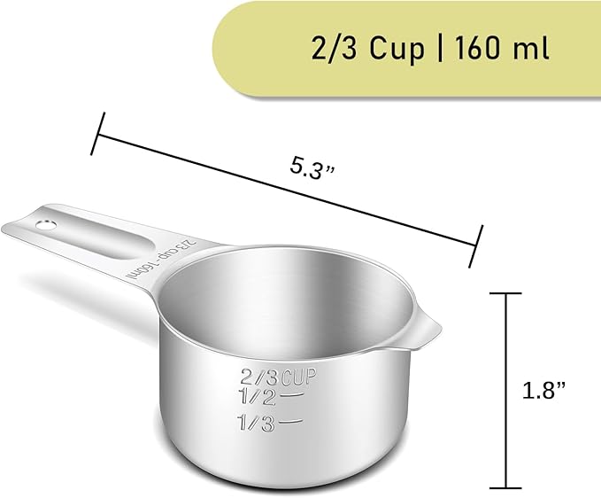 2PCS 2/3Cup (160ml, 5.3oz) Single Measuring Cup, Stainless Steel Measure Scoop, Metric and US Measurement, Heavy Duty, Dishwasher Safe