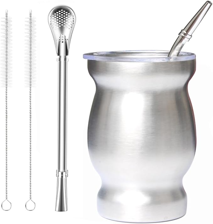 Beruth Bombilla Yerba Mate Gourd, 8oz Stainless Steel Tea Cup Set with Lid, Two Straws and Cleaning Brushes, Double Walled Coffee Mug Heat Insulation Anti Scalding （Bright Silver）