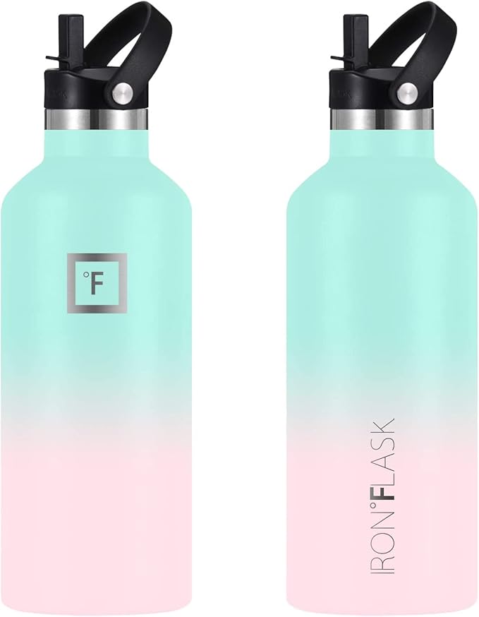 IRON °FLASK Camping & Hiking Hydration Canteens - 3 Lids (Narrow Straw Lid) Leak Proof Vacuum Insulated Stainless Steel - Hot & Cold Double Walled Sports Water Bottle - Bubble Gum, 32 Oz
