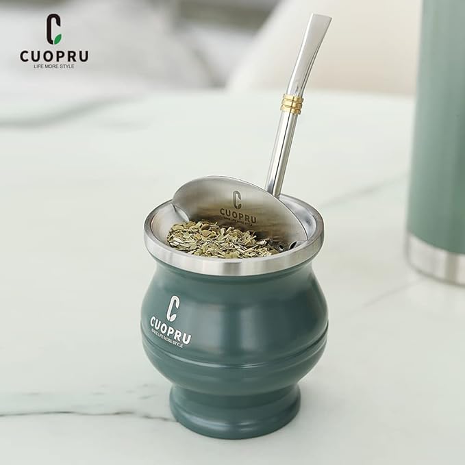 Yerba Mate Cup - Mate Gourd Set Includes Double Walled Stainless Steel Tea Cup, Tea Shaper set, Bombilla Straws, Cleaning Brush