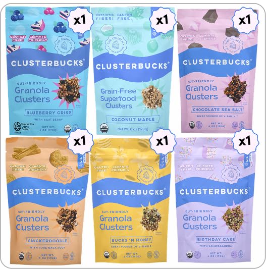 Clusterbucks Superfood Clusters – Grain-Free, Keto-Friendly Granola with Regeneratively Grown Sprouted Buckwheat– Gluten-Free, Low-Carb, Organic Healthy Snack (6 Ounce (Pack of 6), Variety #1)