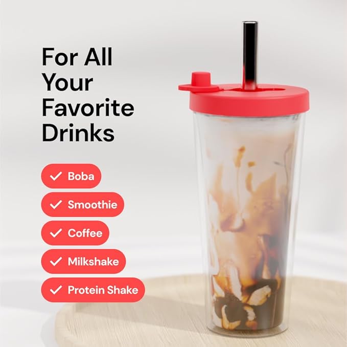Dodoko Reusable Boba Cup and Straw Boba Tea Cup Bubble Tea Cup Reusable Iced Coffee Cup Cold Coffee Cup Smoothie Cup with Lid and Straw Smoothie Cup to go Smoothie Tumbler 17 oz - Hot Pink