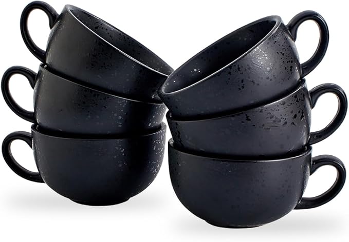 Set of 6 Vintage Design 12 oz Professional Barista Ceramic Latte Art Cappuccino Cups Set (Facular Black * 6)