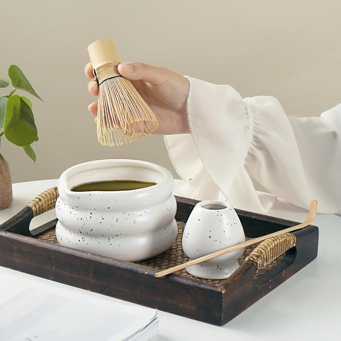 7-piece matcha kit includes matcha bowl. white speckled matcha tea set with bamboo whisk -, sifter, scoop, stainless steel filter, tea caddy, cloth & gift box - for matcha green (4)