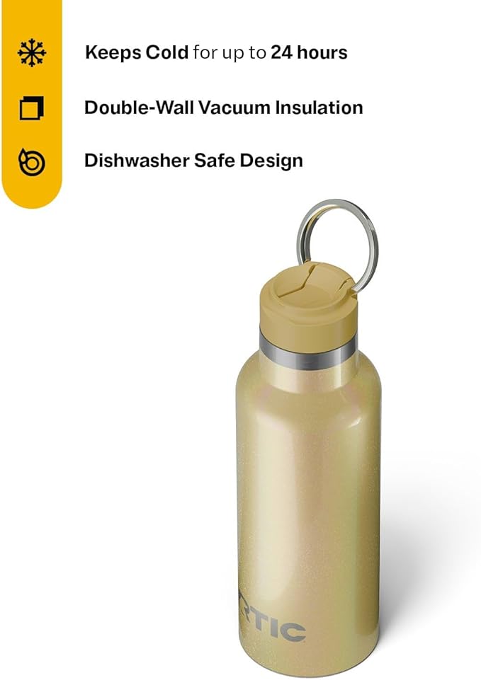 RTIC 16oz Journey Bottle Metal Stainless Steel Vacuum Insulated, BPA Free, Reusable, for Water, Hot and Cold Drinks, Travel, Sports, Camping, Sunlight Glitter