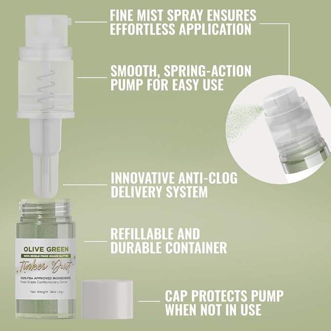 Bakell - Olive Green Tinker Dust (4g, 1x Mini Spray Pump) Edible Glitter for Food, Desserts, and Beverages!
