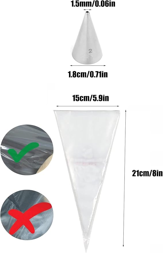 #2 Piping Tip and Bag Set – 3 Fine Round Tips & 20 Disposable 8-Inch Pastry Bags for Lettering, Outlines & Detail Work