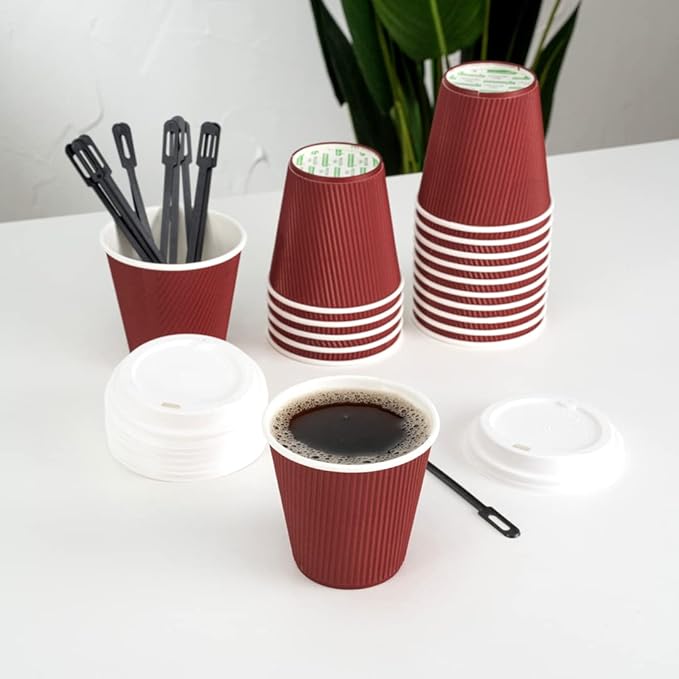 Restaurantware 8 Ounce Double Wall Disposable Coffee Cups, 500 Insulated Crimson Paper Tumblers, Ripple Wall Design, Lids Sold Separately for Hot Drinks like Tea, Hot Chocolate, and More