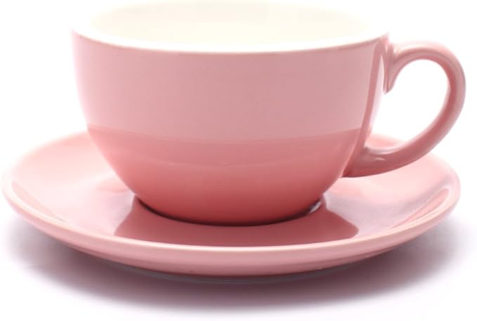 Barista Speciality Coffee Cup and Saucer, Small Cappuccino or Double Espresso Ceramic Cups (Glossy Pink, 5 oz)