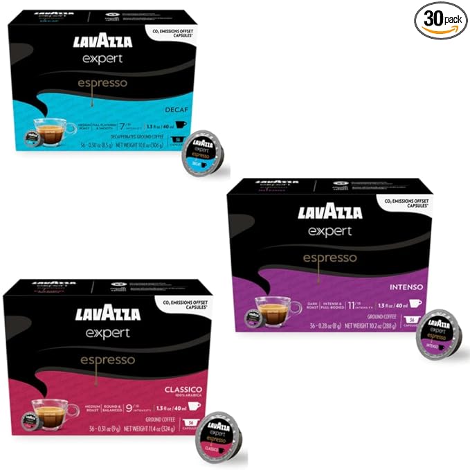 Lavazza Expert Espresso Coffee Pods Variety Pack – 30 Count – Includes Classico, Intenso & Decaf Capsules – Keto-Friendly, Rich & Smooth Italian Blend – Compatible with Lavazza Classy Machines