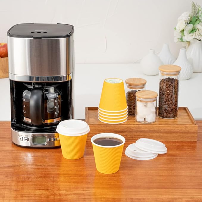Restaurantware 8 Ounce Double Wall Disposable Coffee Cups, 500 Insulated Yellow Paper Tumblers with Ripple Wall Design, Lids Sold Separately for Hot Drinks like Tea, Hot Chocolate and More