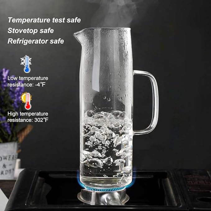 Joeyan 1.5 Liter 51oz Glass Pitcher with Lid, Fridge Door Glass Water Jug, Easy Clean Heat Resistant Water Carafe for Hot and Cold Beverages,Coffee, Iced Tea & Juice, Including Long-Handled Brush