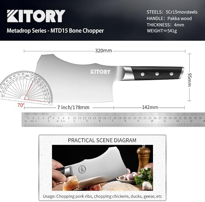 Meat Cleaver with Large Handle - 7 inch Kitchen Bone Chopper,German High Carbon Stainless Steel Chopping Knife with Ergonomic Wodden Handle - for Home Kitchen and Restaurant with Gifts Box