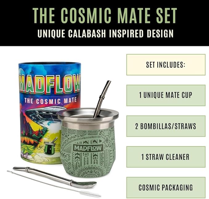 MADFLOW Yerba Mate Cup. Stainless Steel Mate Cup with 2 Bombillas. Double Wall Vacuum Insulated Yerba Mate Gourd. Unique Mate Cup And Bombilla Set