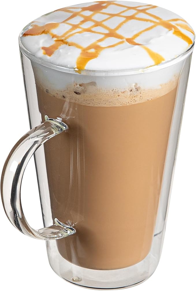 Restaurantware-Forma Professional 13.5 oz Double Wall Glass Mugs, 2 Insulated Coffee Mugs With Handle - Dishwashable, Reusable, Clear Glass Beverage Cups, Freezable, For Hot Or Cold Beverages