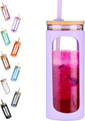 Kodrine 20oz Glass Water Tumbler with Straw and Lid, Bamboo Lids Water Bottle, Iced Coffee Cup Reusable, Wide Mouth Smoothie Cups with Protective Silicone Sleeve BPA FREE-Purple