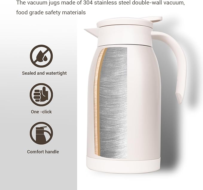 41 Oz Thermal Coffee Carafe Stainless Steel Insulated Thermos Double Wall Vacuum Flask Leak-Proof Thermos for Travel Office School Party Camping Use-Milk rice white
