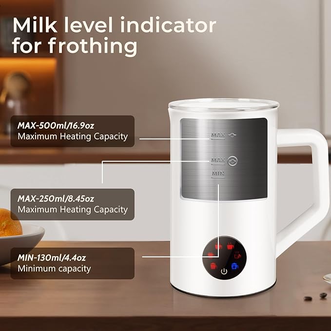 MAISON HUIS 6-IN-1 Milk Frother 550Watts, 20 oz Electric Stainless Steel, Hot and Cold Milk Frother for Latte, Macchiato, Cappuccino and Hot Chocolate, White
