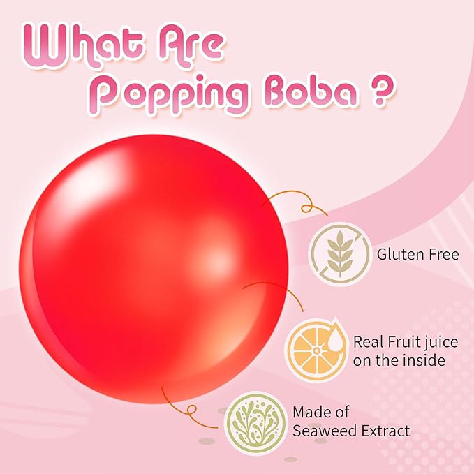 J WAY Bursting Popping Strawberry Boba Pearls, Strawberry Syrup, Non-Dairy, Fat-Free Popping Tapioca Boba for Beverages, Sweets, Ice Cream, 1.8oz (Pack of 6)