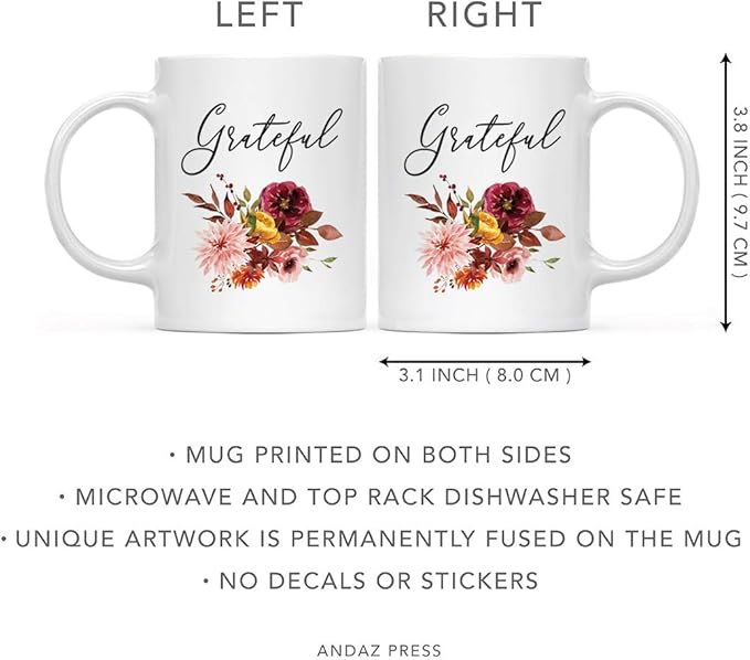 Andaz Press Fall Burgundy Marsala 11oz. Ceramic Coffee Tea Mug, Grateful, 1-Pack, Floral Blooms Graphic, Birthday, Friend, Family, Coworker, Autumn Season, Festive Thanksgiving Ideas